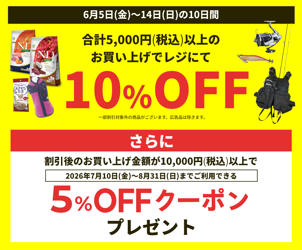合計5,000円以上のお買い上げでレジにて10%OFF。さらに5%OFFクーポンプレゼント